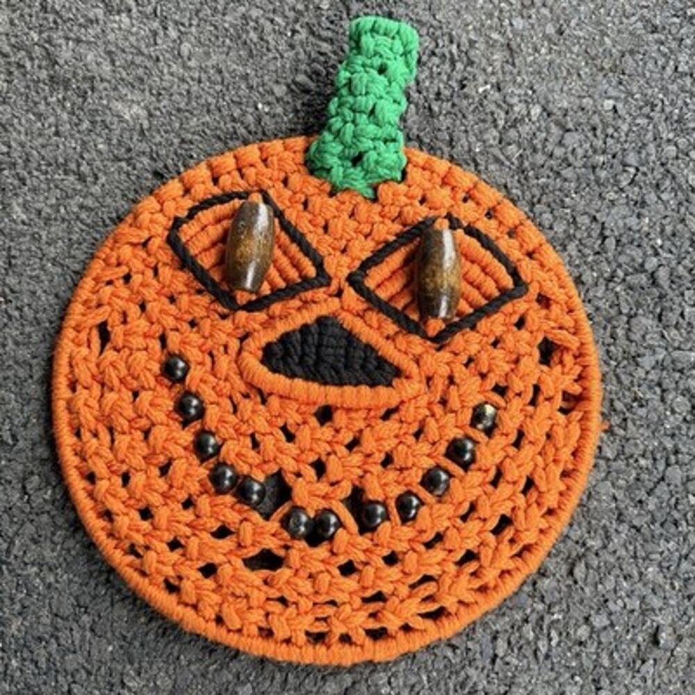 Vintage Macrame Jack O Lantern Pumpkin Halloween Wall Decor Retro Boho 1970s